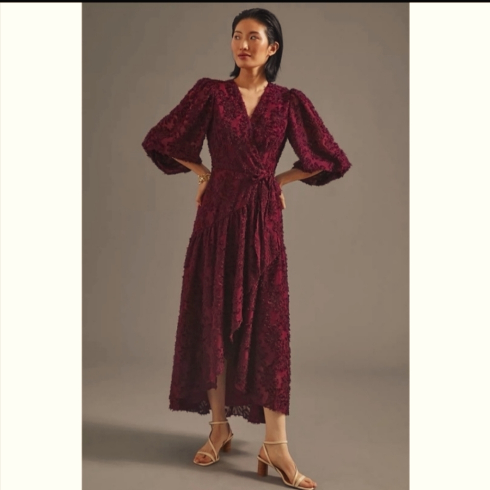 ANTHROPOLOGIE Hutch Wine Rosa Floral V-neck Ruffles Wrap Maxi Dress Size SP NWT
